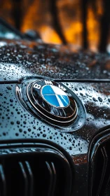 BMW hood emblem glistens under cool rain droplets.