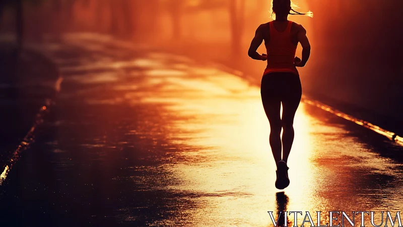 Silhouette of runner on wet road in strong sunset light.
