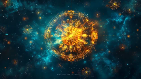 Circular golden zodiac schematic is displayed over starfield