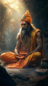 Meditating sage in glowing forest sanctuary radiates peace.