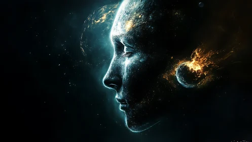 Cosmic profile portrait in luminous digital painting composition.