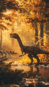 Curious dinosaur wandering through a golden autumn forest.