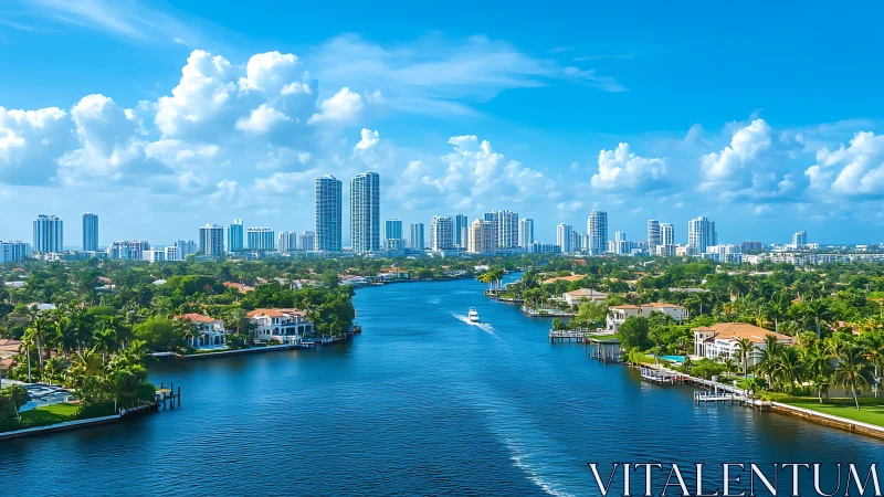 Sunlit canal boulevard beneath a gleaming tropical skyline.