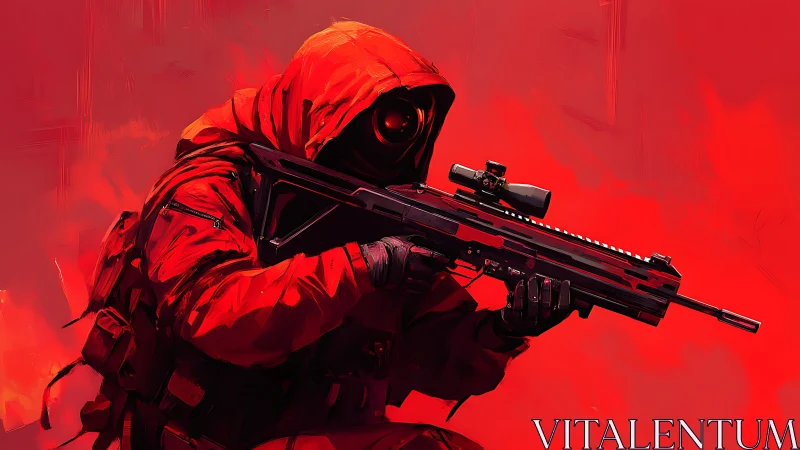Hooded figure with scoped rifle against monochrome red field.