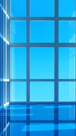 Minimalist glass wall and reflective blue floor interior.