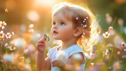 Young Child Holding Butterfly Among Daisy Flowers With Golden Hour Backlighting