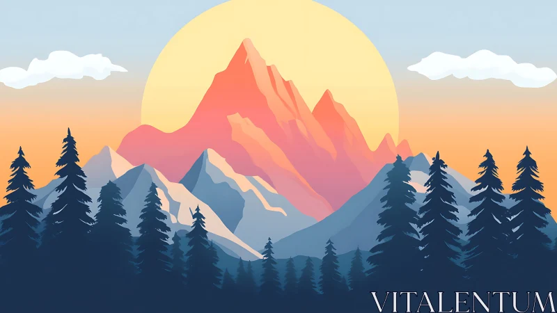 Sunlit alpine peak rises above layered pine silhouettes.