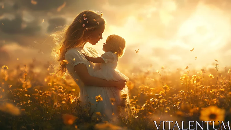 Mother and child in golden flower field at sunset