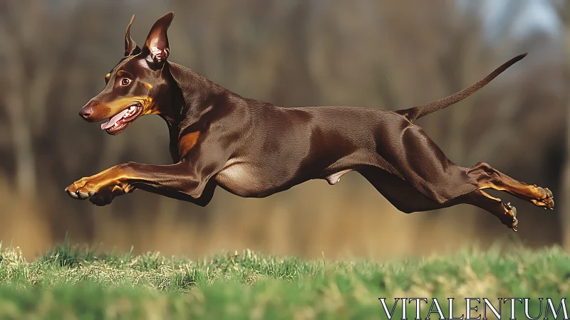 Doberman pinscher in full stride across blurred field.