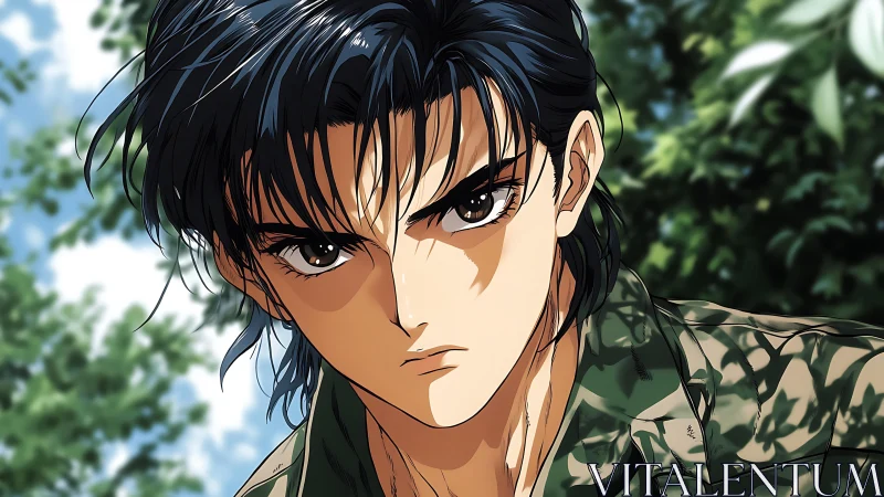 Intense anime soldier portrait framed by sunlit foliage