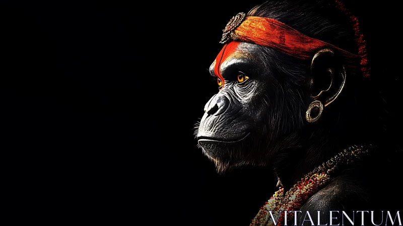 Regal gorilla portrait with ornate red headband and jewelry.