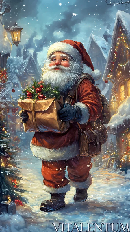 Santa Claus carries parcel through snowy village street