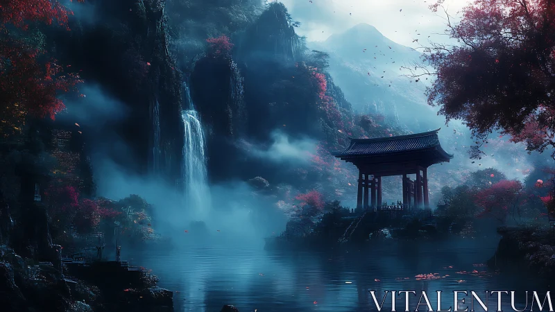 Misty lakeside shrine beneath waterfalls and mountains.