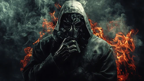 Hooded cybernetic figure in firelit smoke with cinematic contrast