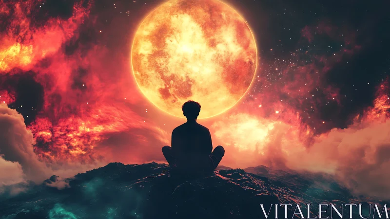 Quiet stargazer resting beneath a blazing cosmic moon.