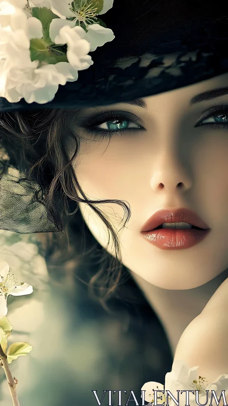 Close portrait of woman in black hat with white blossoms.