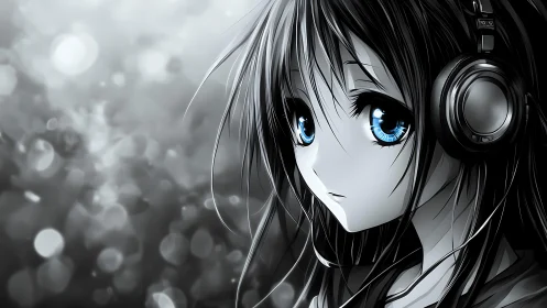 Monochrome anime profile illustrates headphone use outdoors