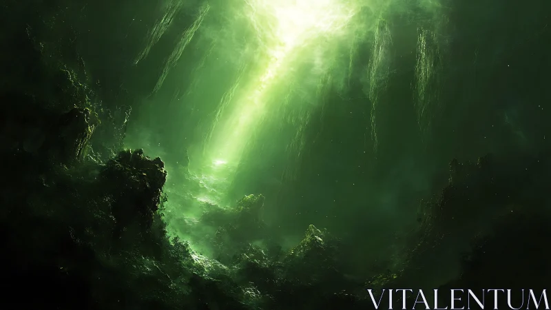 Mystical green light pours into a deep, shadowy cavern