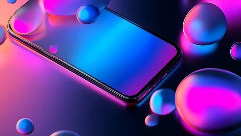 Futuristic smartphone with neon gradients and floating liquid orbs.