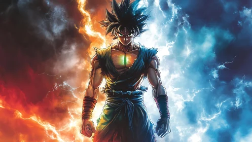 Central anime figure stands between opposing energy clouds