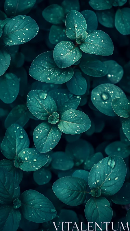 Raindrops form on densely packed oval leaves in view