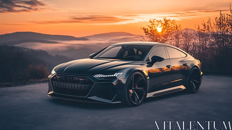 Black sports sedan parked on mountain road at sunset