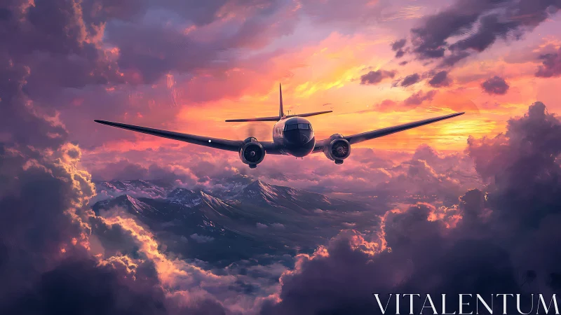 Twin engine aircraft above mountains at sunset sky period