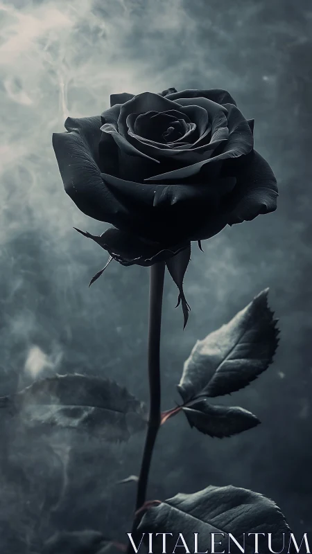 Single black rose in moody smoky blue background.