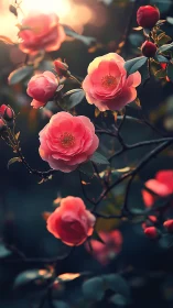 Luminous Roses Dance in Golden Hour Twilight.