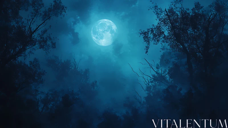 Nocturnal forest canopy under luminous cyan full moon.