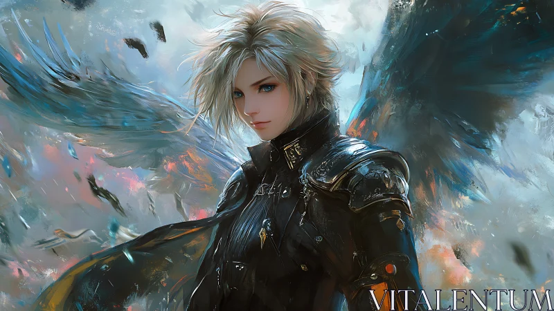 Winged warrior stands calm in swirling, stormy skies