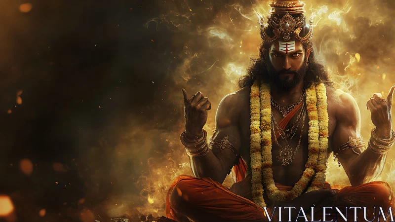 Seated figure in ceremonial garlands holds symmetrical hand pose