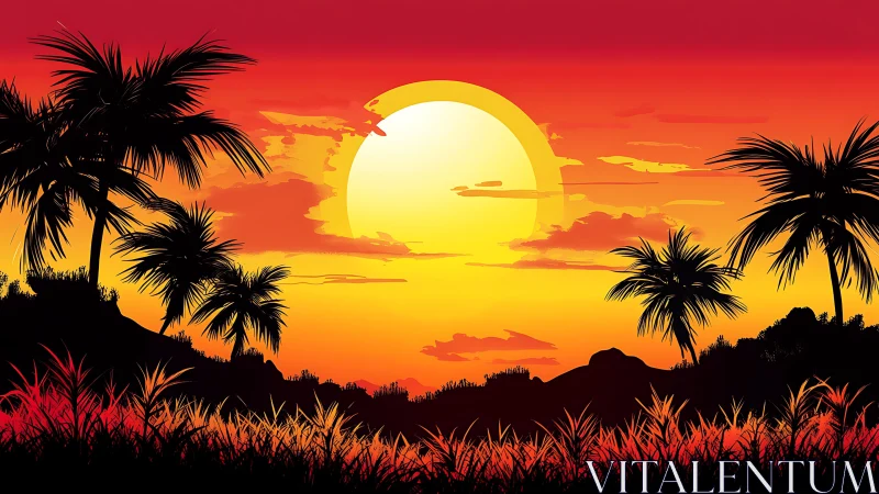 Vector sunset landscape shows high-contrast palm silhouettes and gradient sky