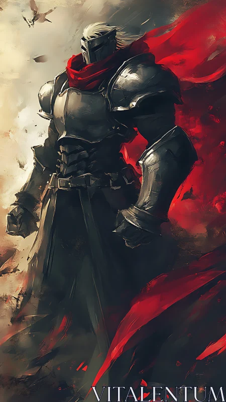 Steel-clad knight with crimson scarf in dynamic stormscape.