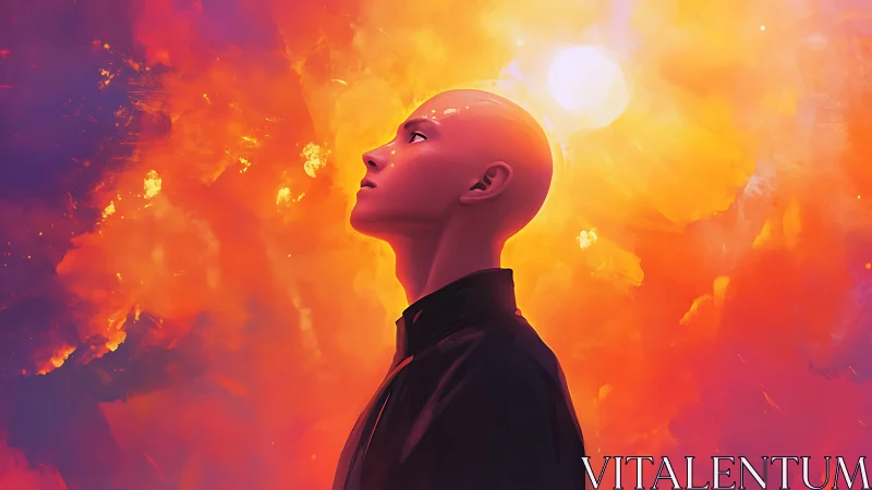 Digital portrait isolates figure against blazing cosmic sky.