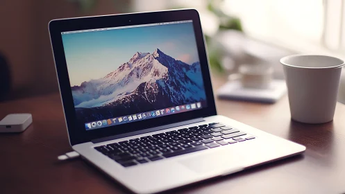 Sleek laptop on wooden desk glows with serene mountain view