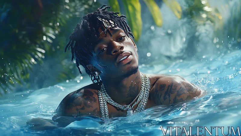 Jewelry-draped man in tropical pool with vibrant lighting.