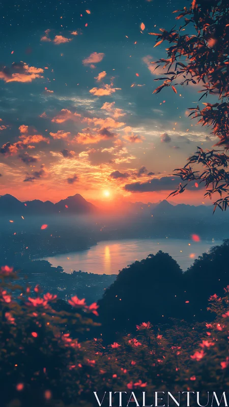 Twilight embers drift above a spellbound lakeside sunset.