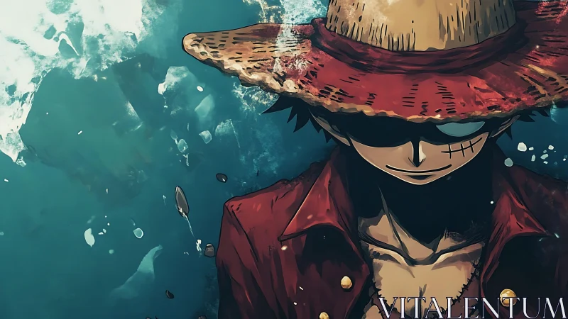 Straw hat figure in red shirt against abstract teal backdrop.