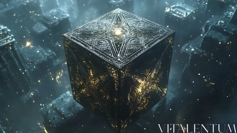 Luminous floating cube over a misty futuristic cityscape.