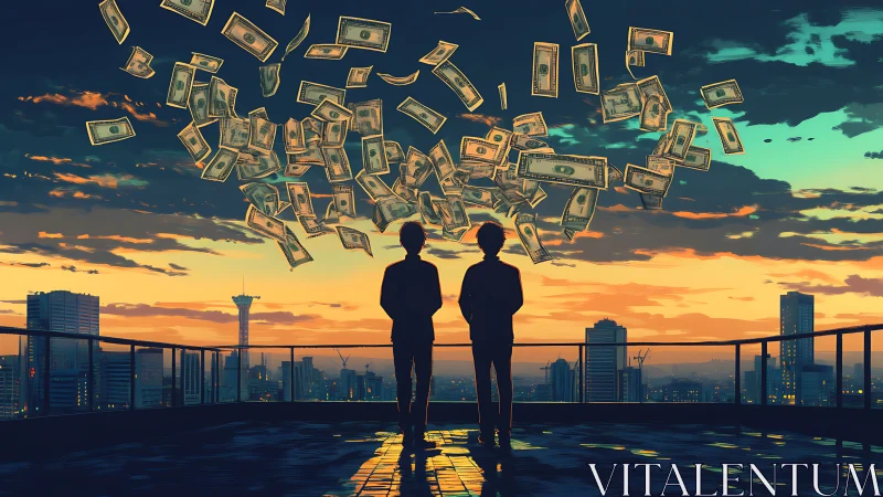 Sunset rooftop skyline with floating dollar bills and silhouettes.