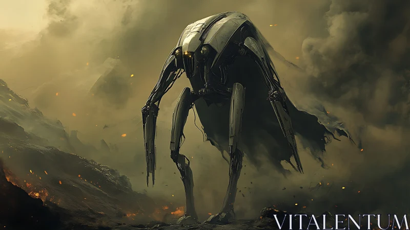 Towering war robot strides through a burning wasteland shroud