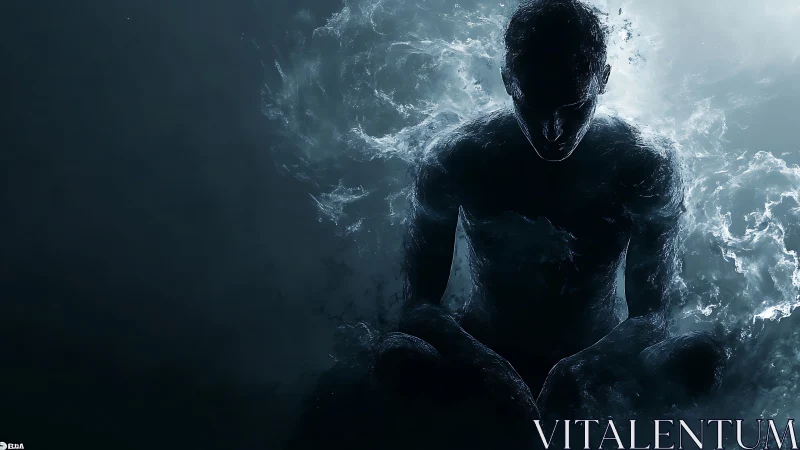 Shadowed humanoid forms luminous silhouette in liquid haze