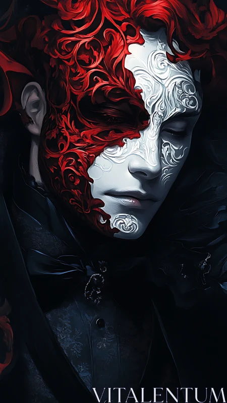 Dual-toned ornamental mask on pale, closed-eye portrait.