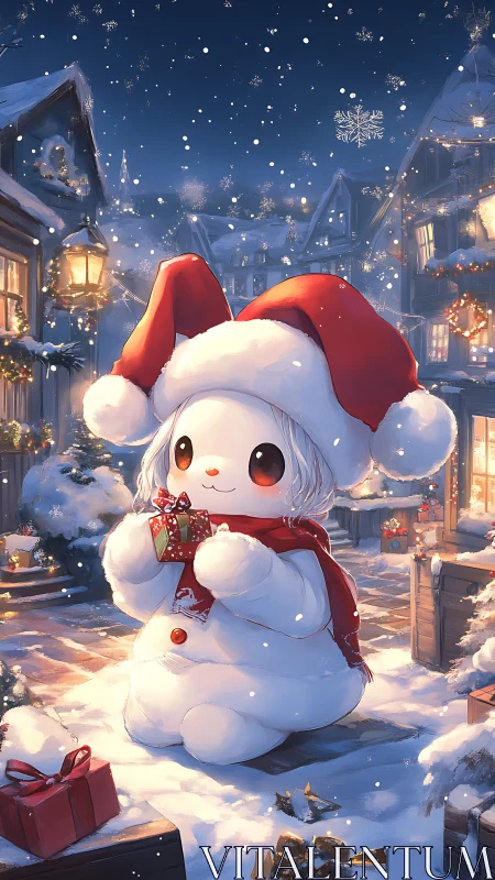 Chibi snowman in Santa outfit clutching gift in snowy village