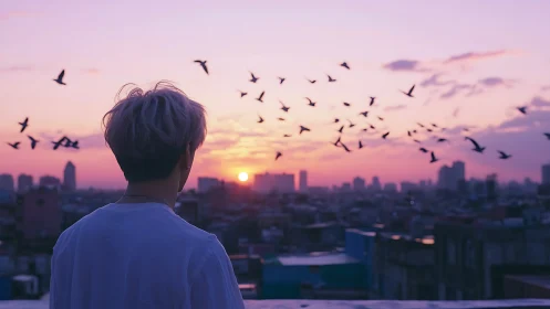 Rooftop daydreamer watching city birds chase the sunset.