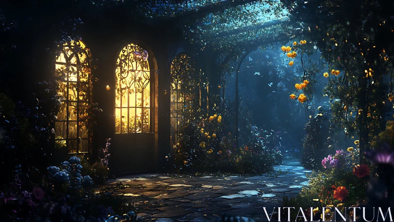 Enchanted garden walkway glowing with gentle golden light.