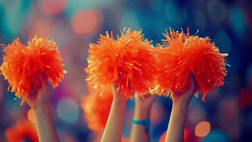 Electric orange pom poms ignite a stadium of blurred stars.