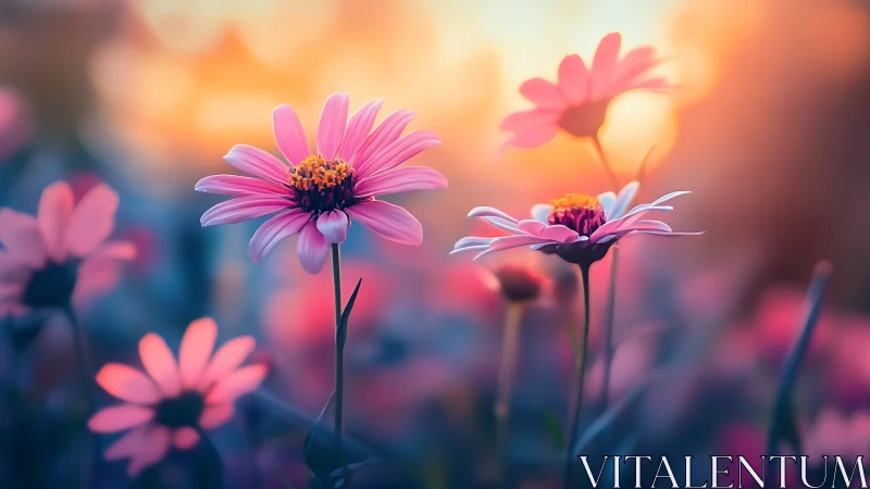 Pink daisies with shallow depth of field and warm golden hour bokeh.