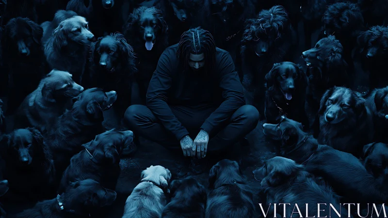 Man in dark clothing surrounded by attentive dogs.
